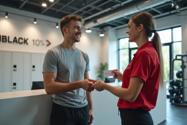 Adolescent de 16 ans présentant sa carte Basic Fit à l'accueil d'une salle de sport moderne