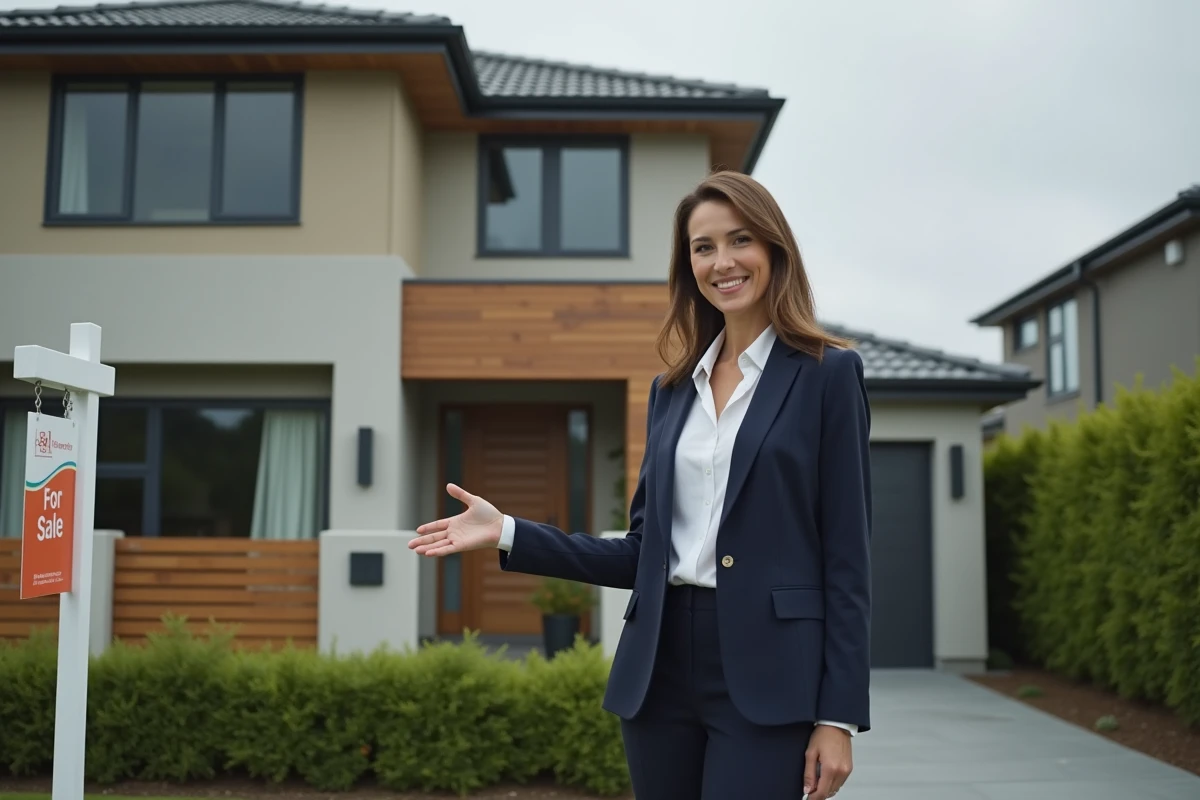 Agente immobilière devant une maison contemporaine à vendre dans un quartier résidentiel