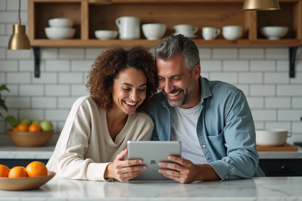 Deux amis regardant une série en streaming gratuit ensemble sur une tablette dans une cuisine moderne
