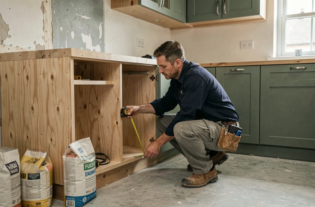Artisan prenant des mesures dans une cuisine en cours de rénovation avec meubles shaker vert sauge et sol béton