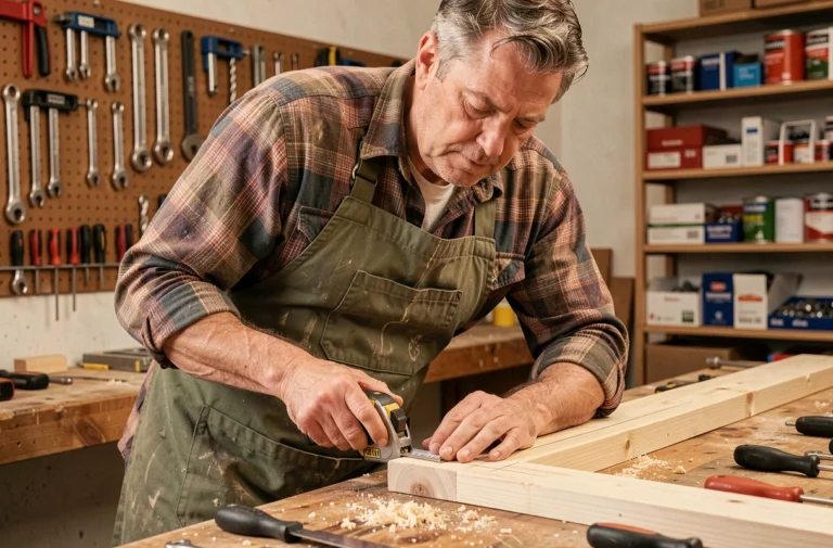 Homme bricoleur mesurant une planche en bois dans un atelier de garage bien équipé