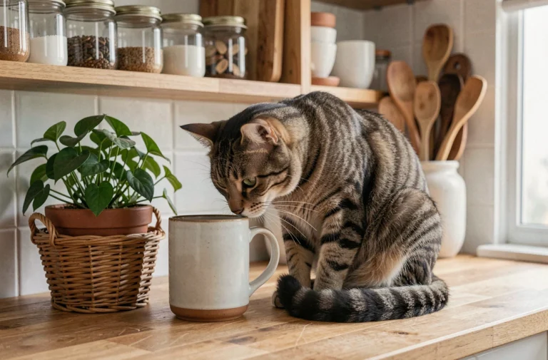 Chat tigré curieux sur un comptoir de cuisine entouré d'objets du quotidien comme une tasse, une plante et un panier en osier