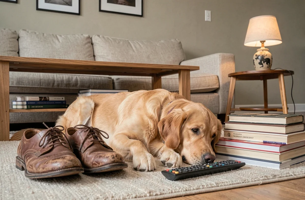 Chien golden retriever allongé sur un tapis de salon entouré d'objets reconnaissables comme des chaussures, des livres et une télécommande