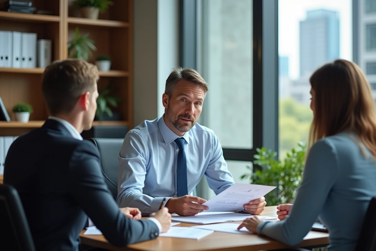Conseiller financier expliquant un tableau à un couple au bureau
