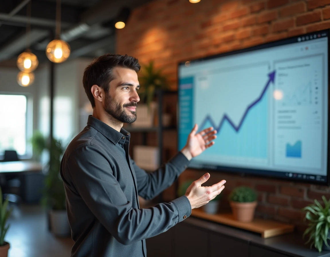 Consultant professionnel présentant des tableaux de bord analytiques pour stimuler la croissance d'une entreprise