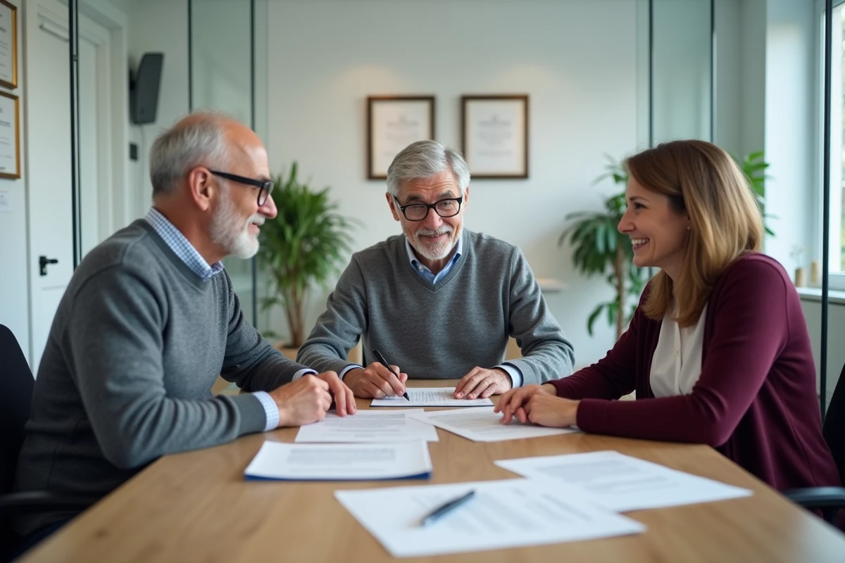 Couple consultant un notaire pour rédiger une procuration dans le cadre d'une succession familiale
