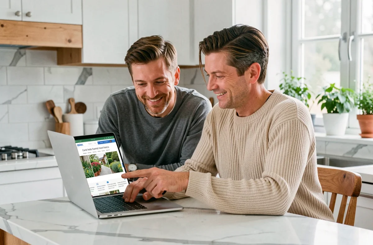 Couple discutant de la structure et des rubriques d'un site habitat sur un ordinateur portable dans une cuisine moderne