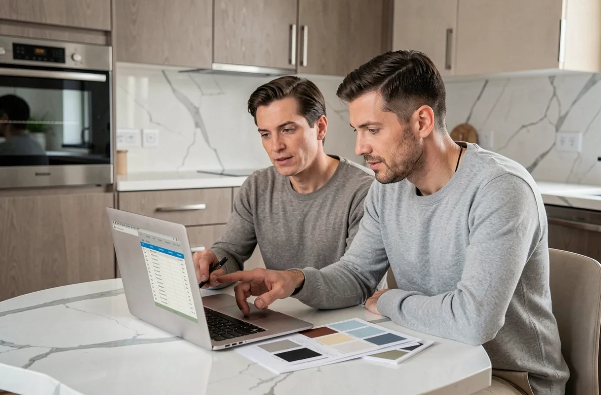 Couple planifiant le budget de rénovation de leur cuisine sur ordinateur avec échantillons de matériaux sur table