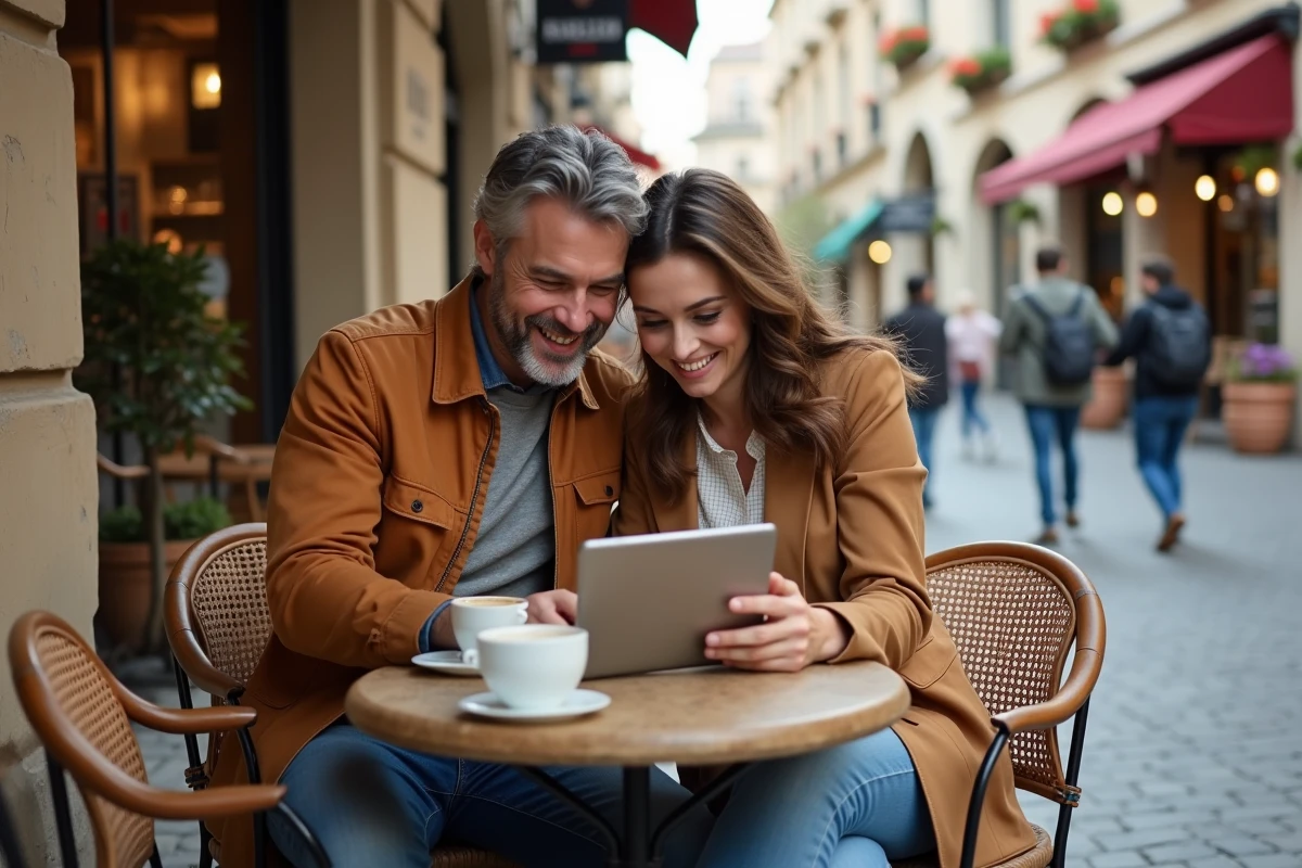 Couple planifiant leur itinéraire de voyage en ligne sur une tablette en terrasse de café