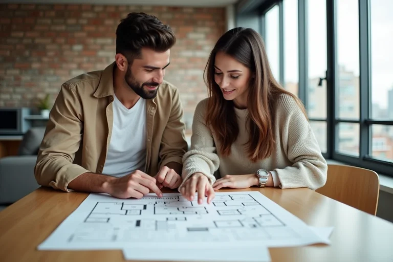 Couple étudiant des plans immobiliers dans un appartement moderne avec vue sur la ville