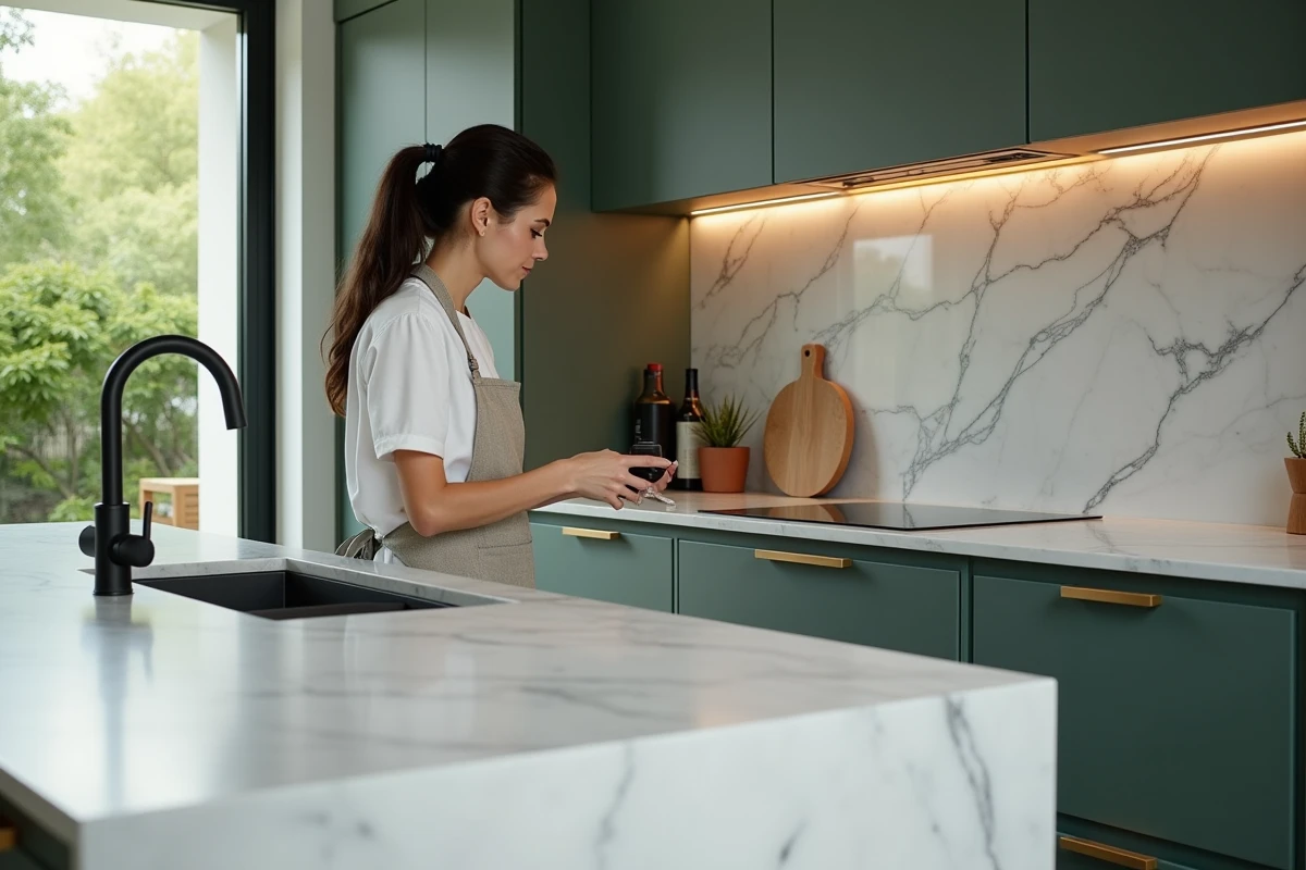 Cuisine contemporaine rénovée avec équipements haut de gamme, robinetterie noire et plan de travail en marbre pour un habitat sublimé