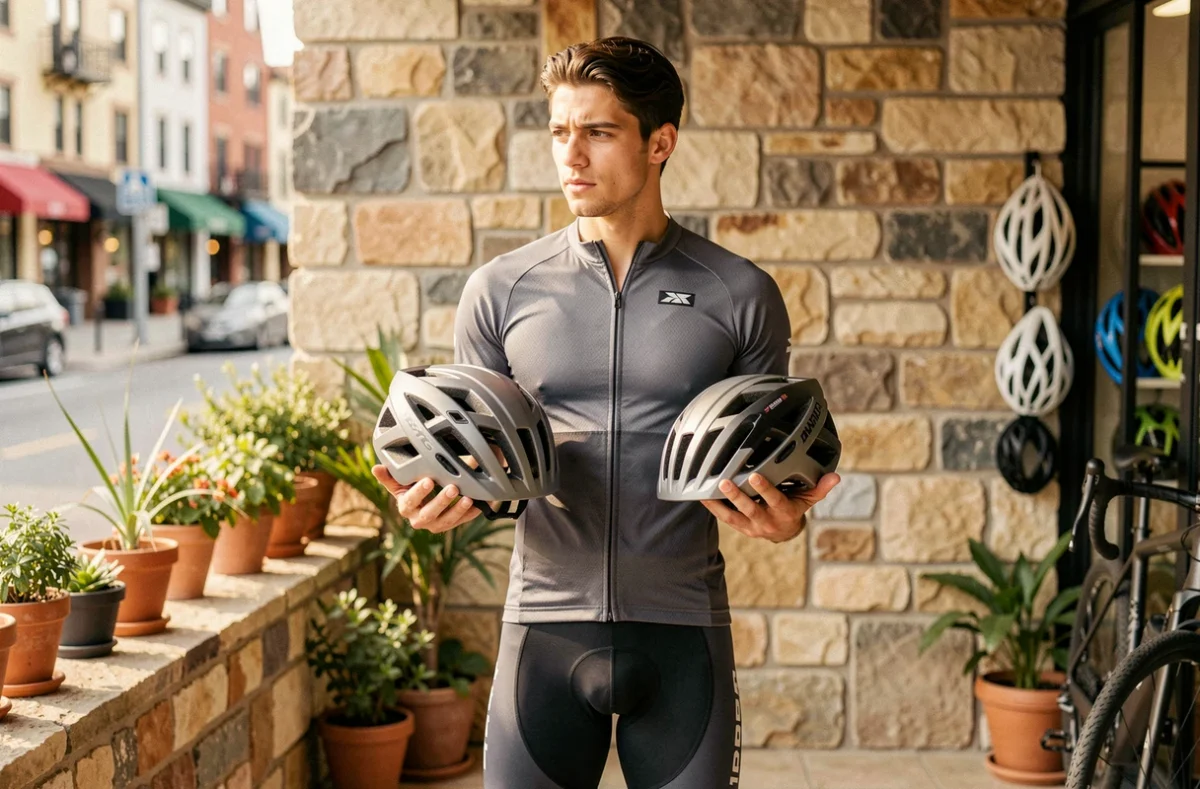 Cycliste comparant deux casques de vélo sur la terrasse d'un magasin de sport spécialisé