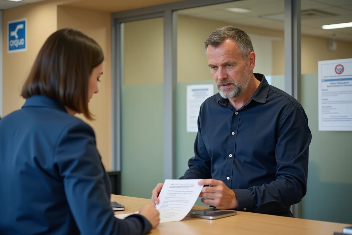 Homme en préfecture faisant une démarche administrative pour retrouver la date de délivrance de son permis perdu