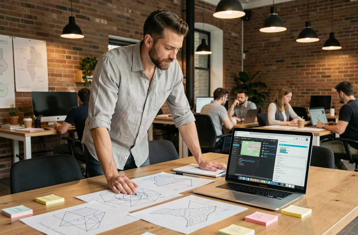 Designer web planifiant l'intégration d'une carte personnalisée sur un site avec des maquettes imprimées