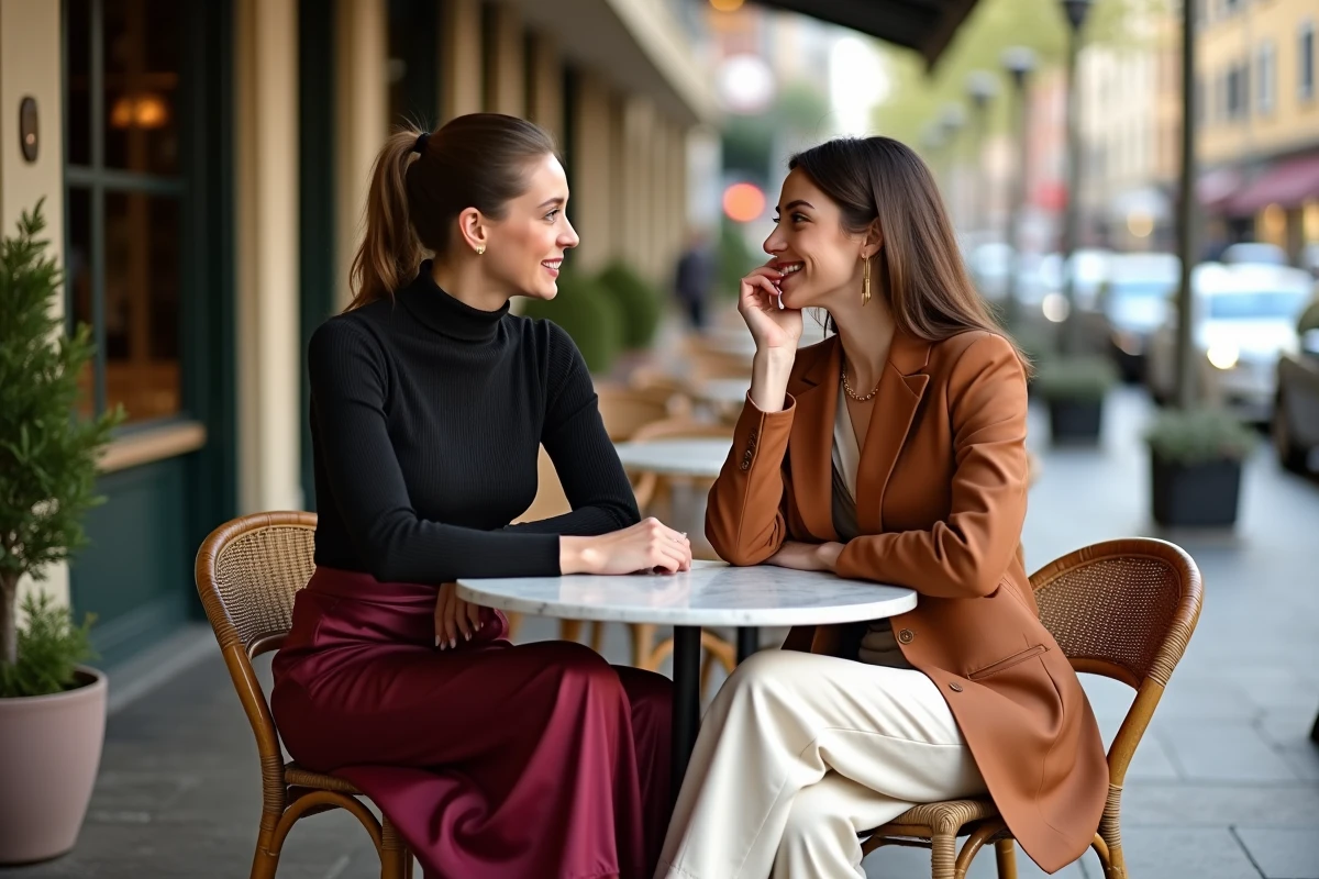 Deux femmes élégamment habillées en tenues tendance automne assises en terrasse de café parisien