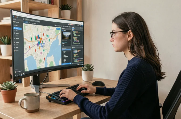 Développeuse web intégrant une carte interactive sur son écran d'ordinateur dans un bureau moderne