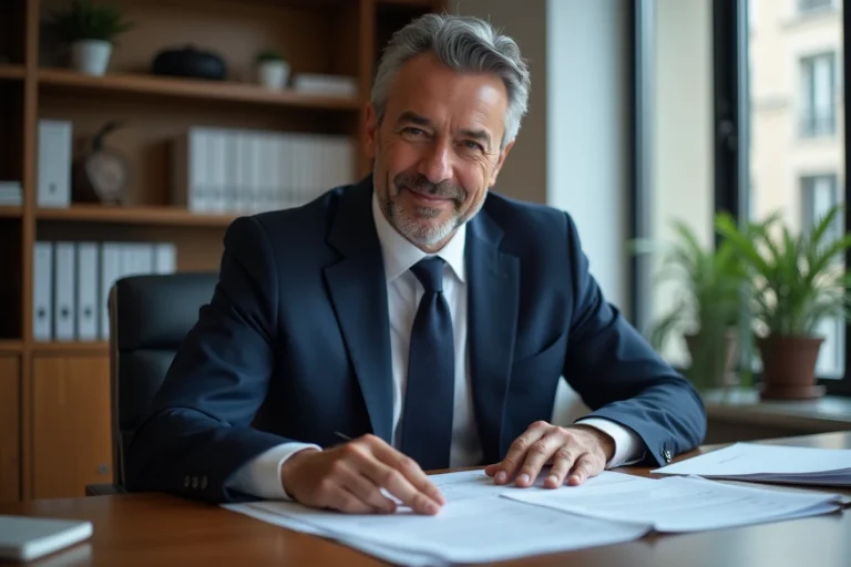 Directeur de banque en costume navy dans un bureau parisien