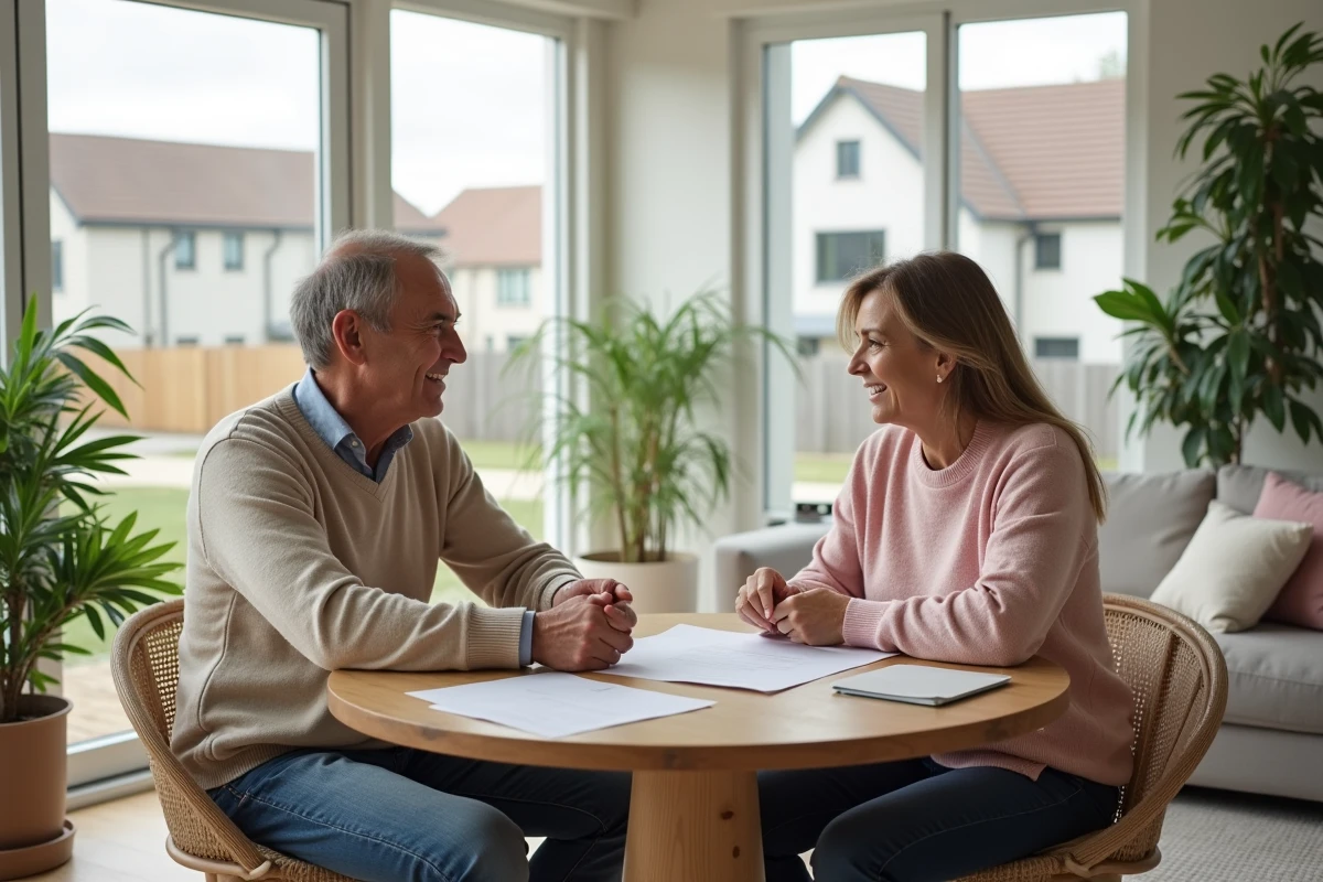 Couple discutant de documents immobiliers dans un salon lumineux