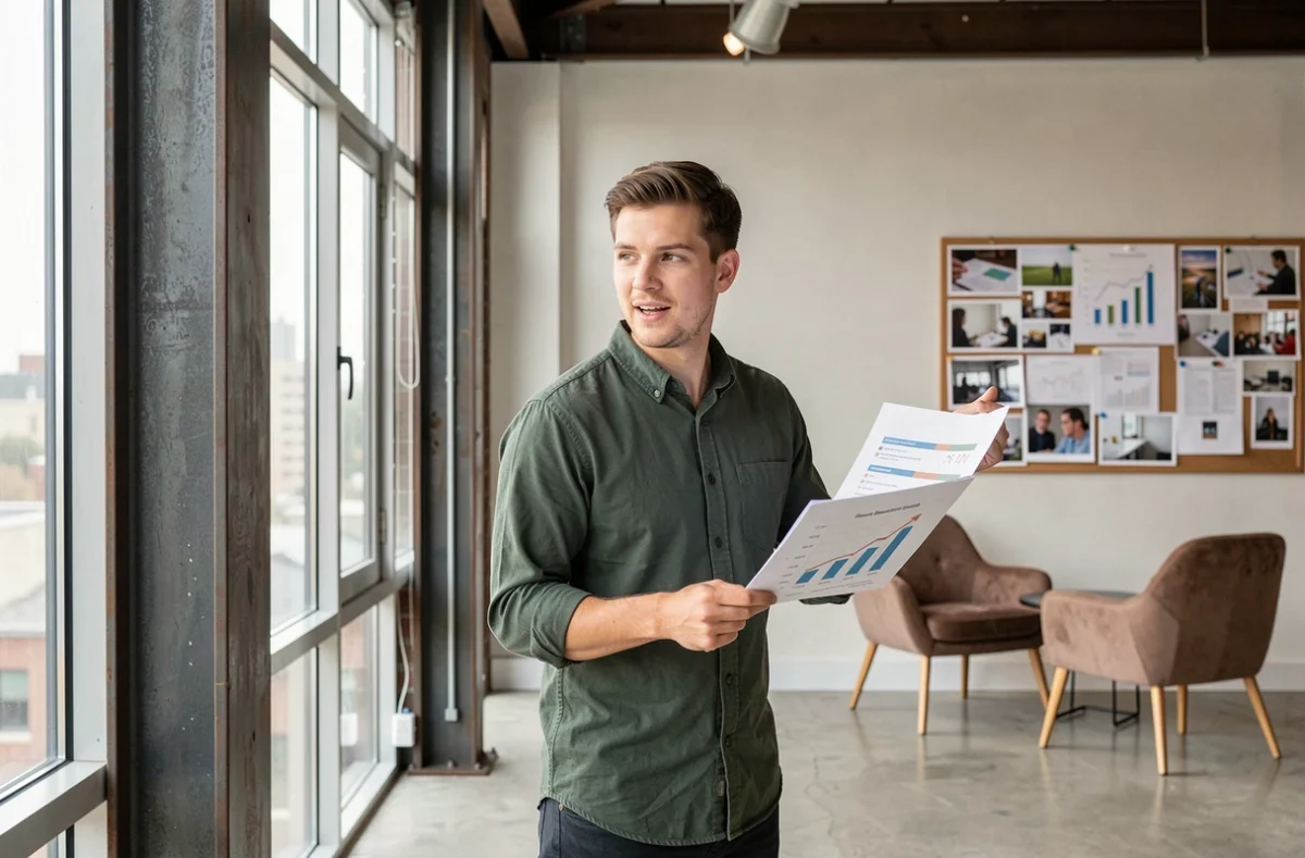 Entrepreneur présentant un plan de croissance d'activité dans un studio loft moderne