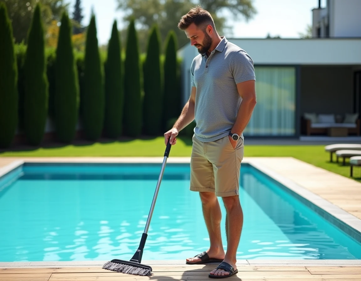 Homme entretenant la surface de sa piscine avec une épuisette pour maintenir une eau claire
