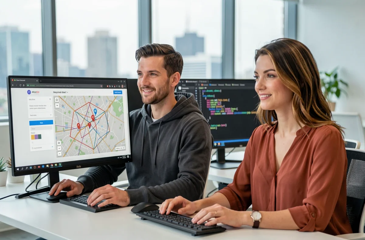 Deux développeurs collaborant sur l'intégration d'une carte personnalisée dans un site web interactif