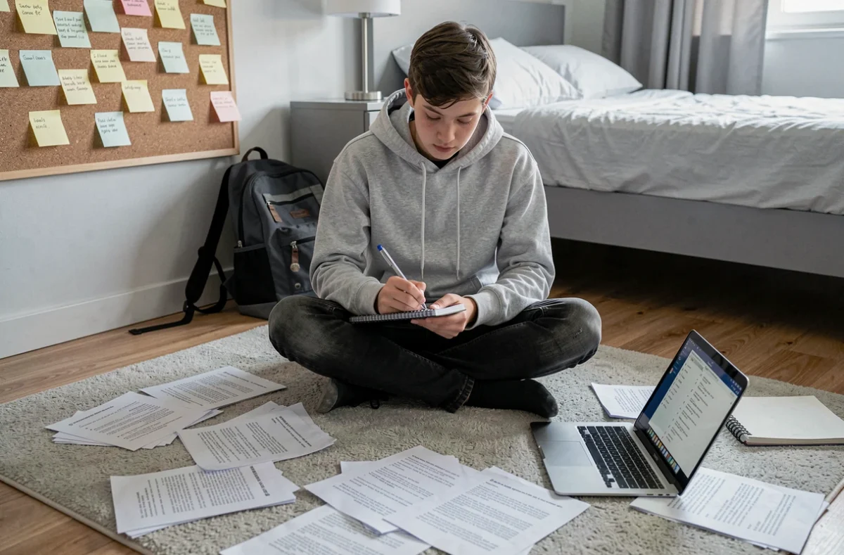 Adolescent qui étudie les classes grammaticales avec des exercices PDF imprimés et un ordinateur portable par terre dans sa chambre