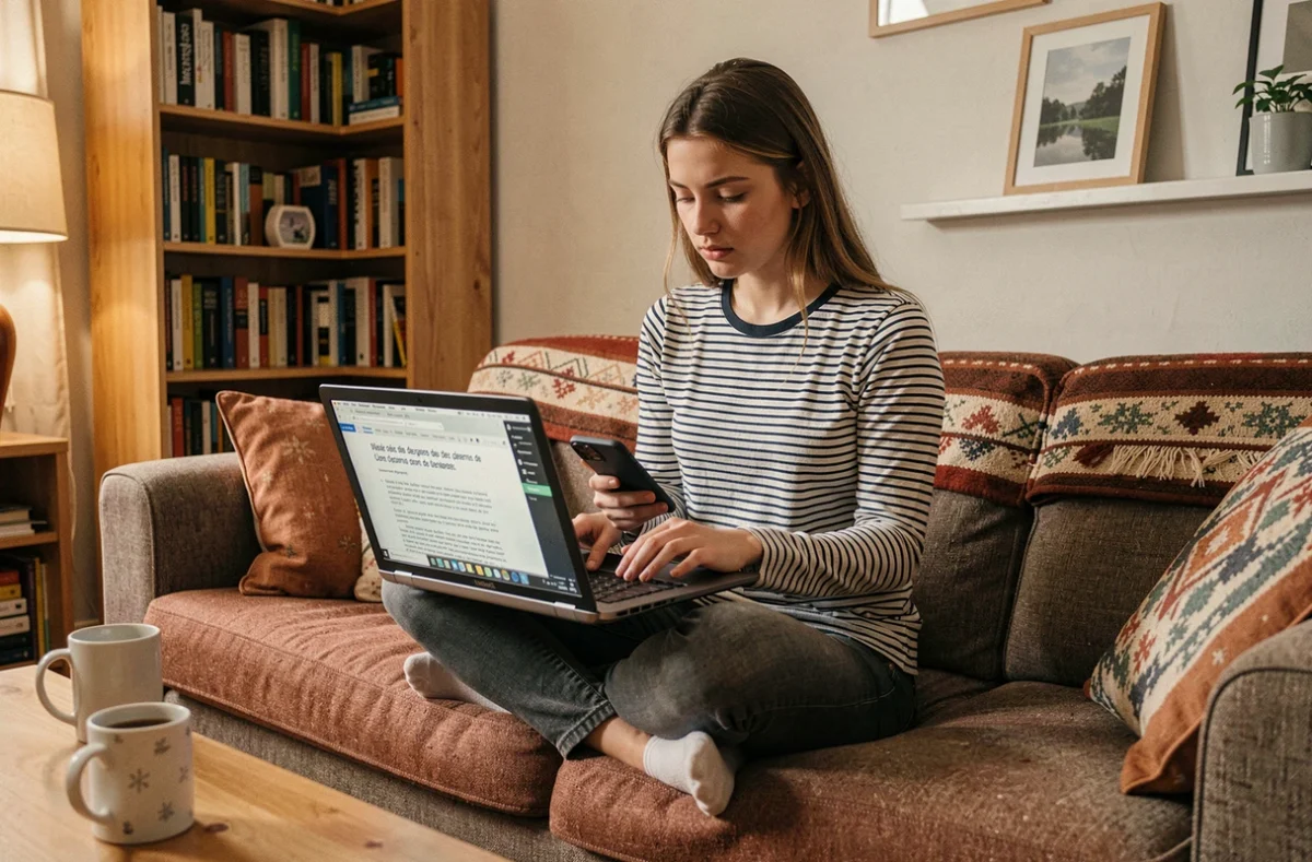 Étudiante consultant son smartphone pour apprendre à taper le Ç majuscule sur son ordinateur portable