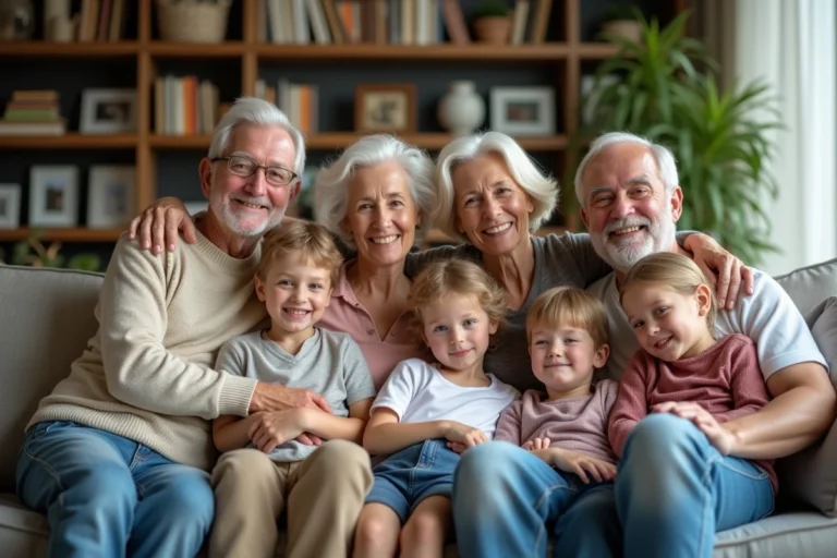 Famille multigenerations souriante dans un salon chaleureux
