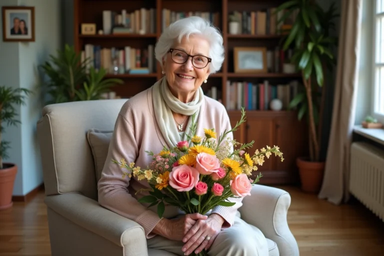 Femme âgée souriante avec bouquet de fleurs dans un salon chaleureux