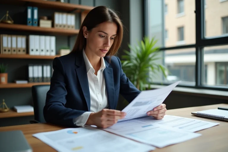 Femme professionnelle analysant des documents fiscaux liés aux revenus fonciers dans un bureau à domicile