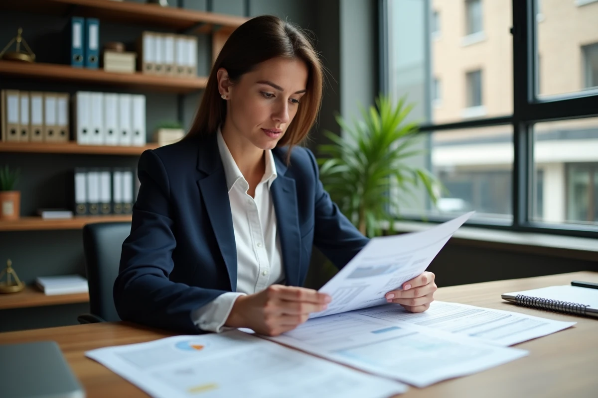 Femme professionnelle analysant des documents fiscaux liés aux revenus fonciers dans un bureau à domicile