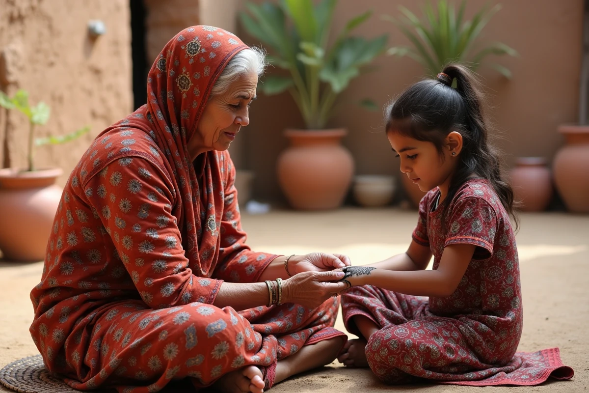 Femme âgée appliquant du henné à une jeune fille en extérieur
