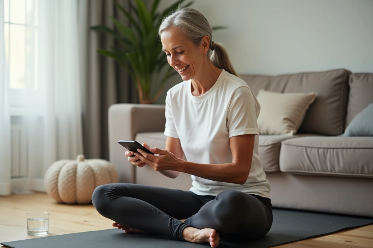 Femme consultant une application de suivi minceur sur smartphone pendant une séance de yoga à domicile