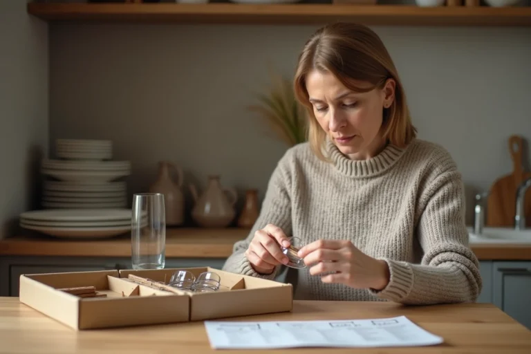 Femme française assemble des cartons pour verres dans une cuisine chaleureuse