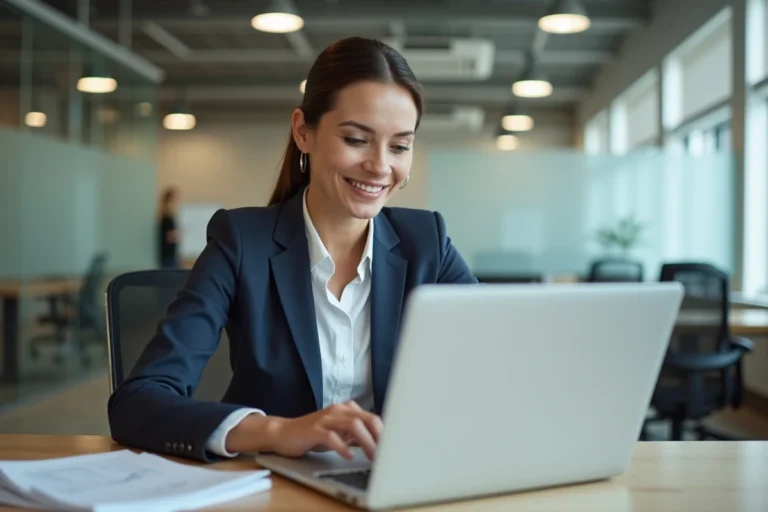 Femme professionnelle au bureau naviguant sur intranet