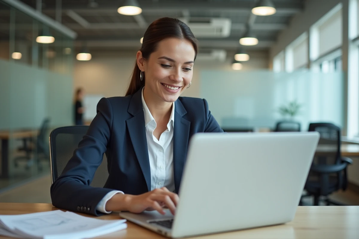 Femme professionnelle au bureau naviguant sur intranet