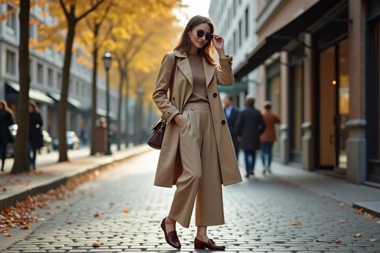 Femme élégante en trench beige dans une rue citadine automnale