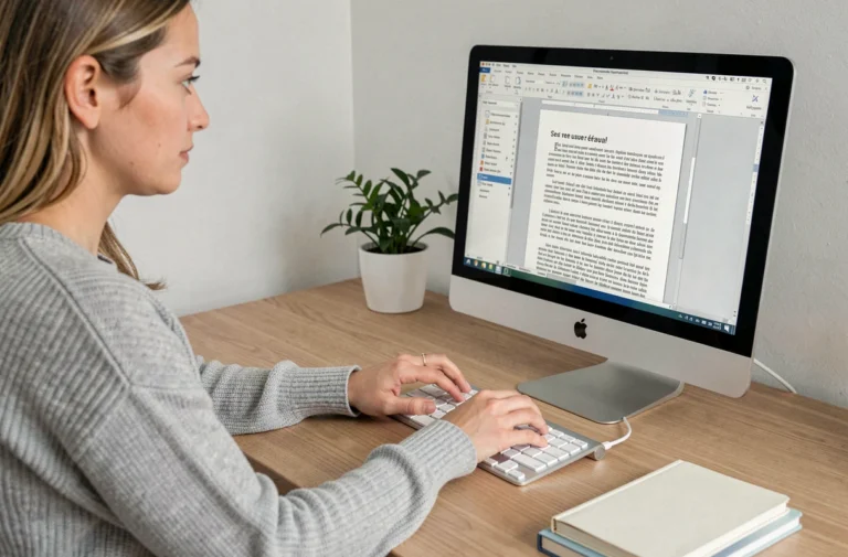 Femme tapant un Ç majuscule sur clavier Mac connecté à un iMac dans un bureau moderne