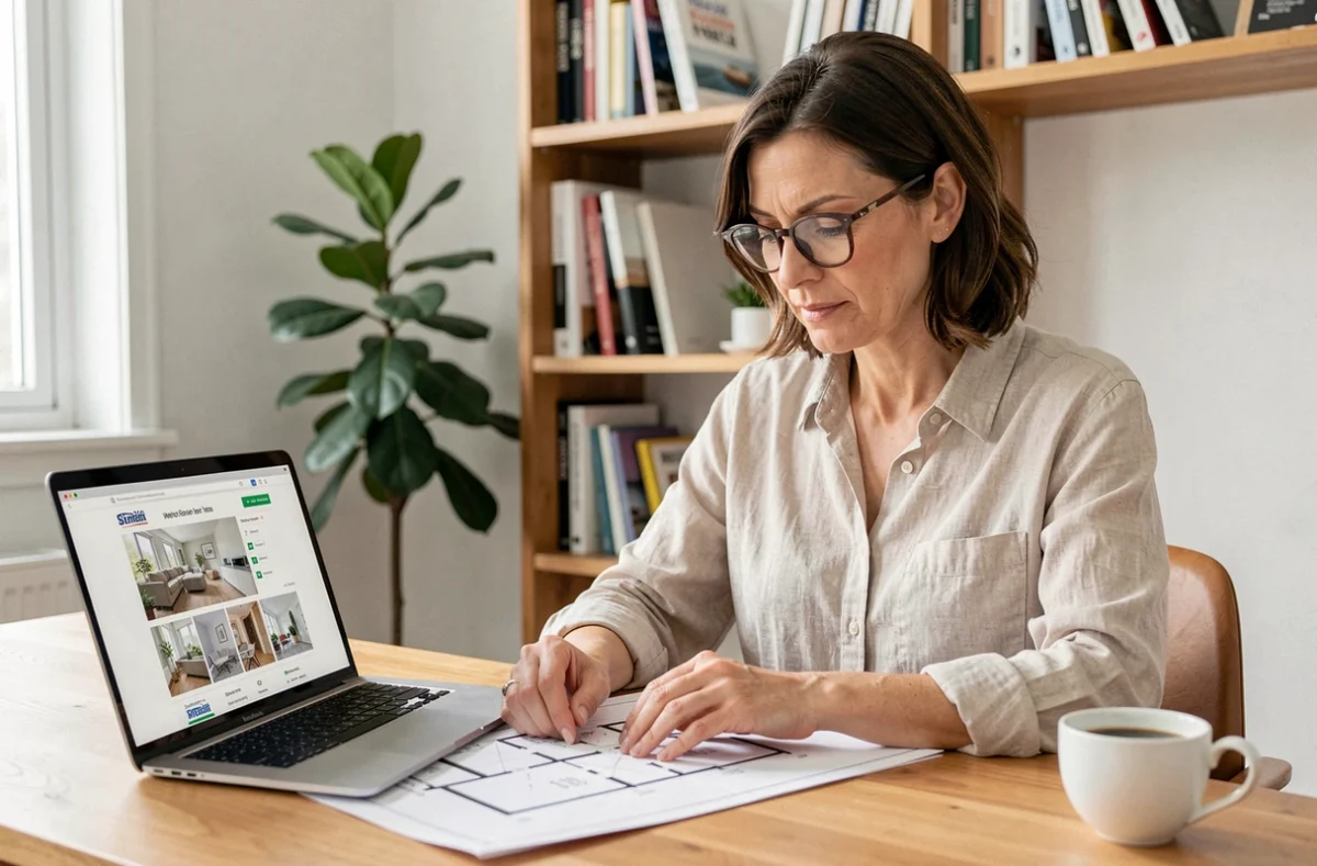Femme consultant des plans d'habitat et un site web dédié à la maison sur un ordinateur portable dans un bureau à domicile