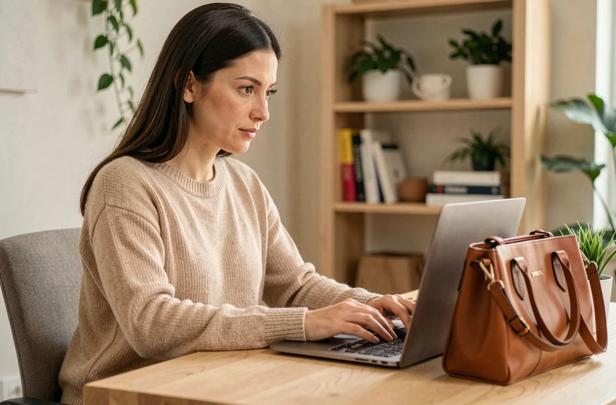 Femme contactant une boutique de sacs en ligne depuis son bureau à domicile avec un sac en cuir posé à côté de son ordinateur portable