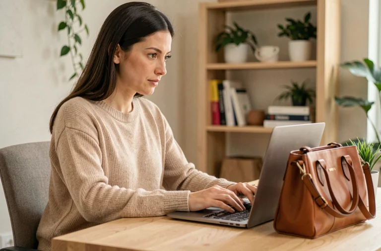 Femme contactant une boutique de sacs en ligne depuis son bureau à domicile avec un sac en cuir posé à côté de son ordinateur portable