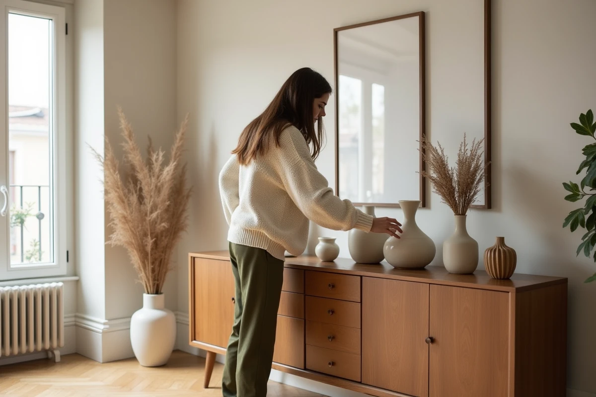 Femme élégante arrangeant des vases dans un salon lumineux