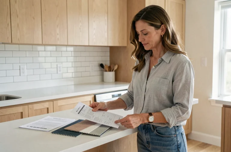 Femme consultant des devis pour l'aménagement de sa cuisine moderne avec îlot central et plan de travail blanc