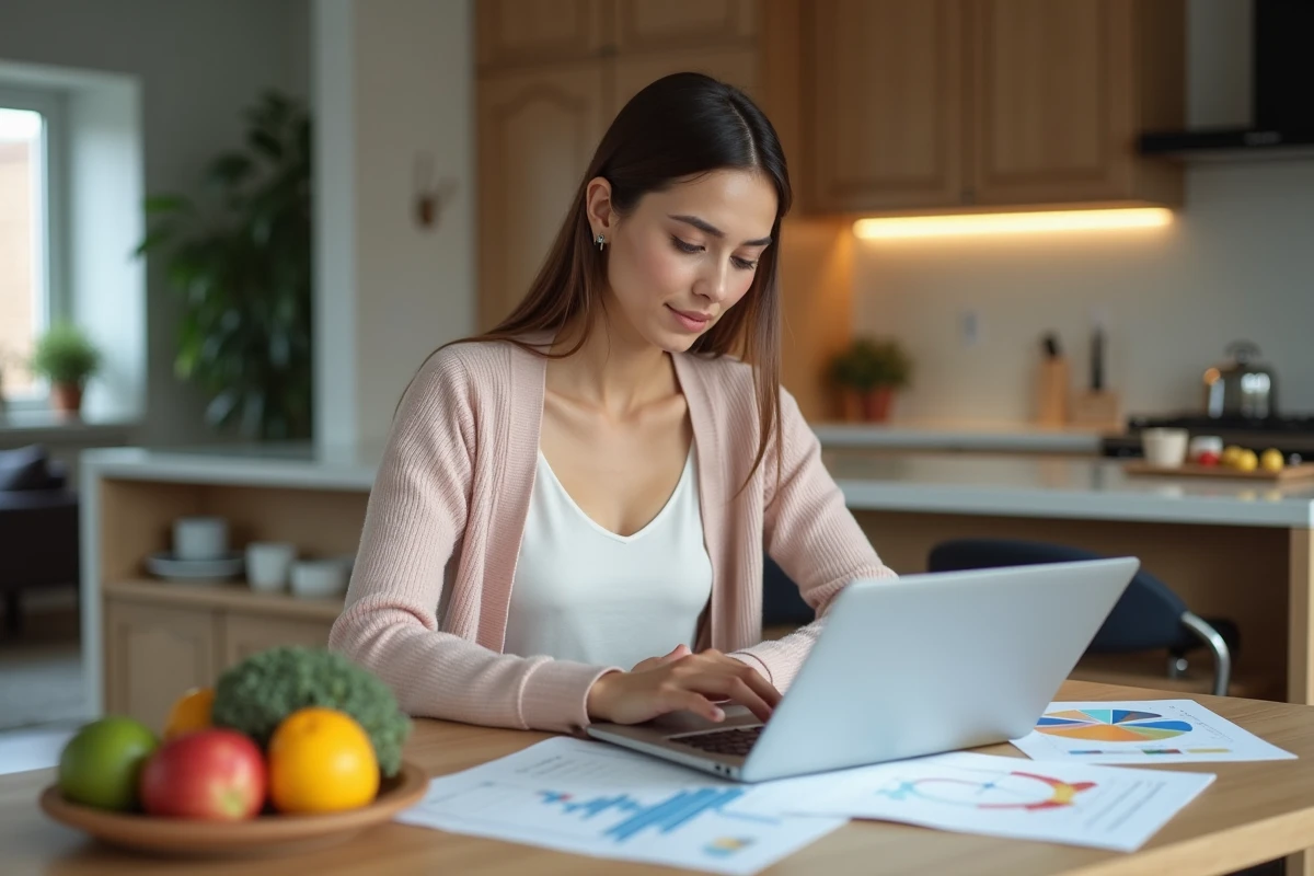 Jeune femme analysant des graphiques financiers à la maison