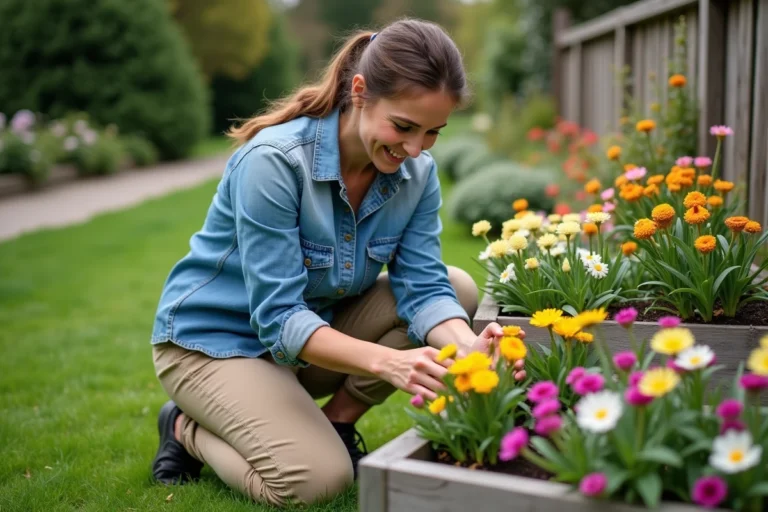 Femme arrangeant des fleurs dans un jardin en été