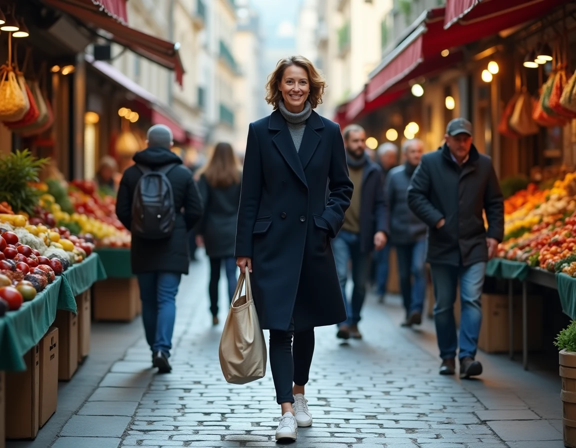 Femme de grande stature marchant dans un marché urbain animé, se distinguant naturellement de la foule par sa taille remarquable