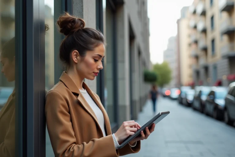 Femme professionnelle avec tablette devant immeuble moderne