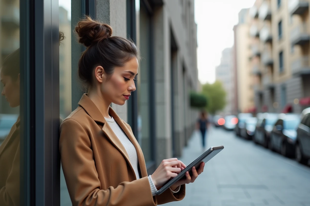 Femme professionnelle avec tablette devant immeuble moderne