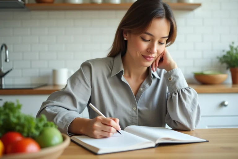 Femme notant ses points nutritionnels dans un journal alimentaire dans une cuisine moderne