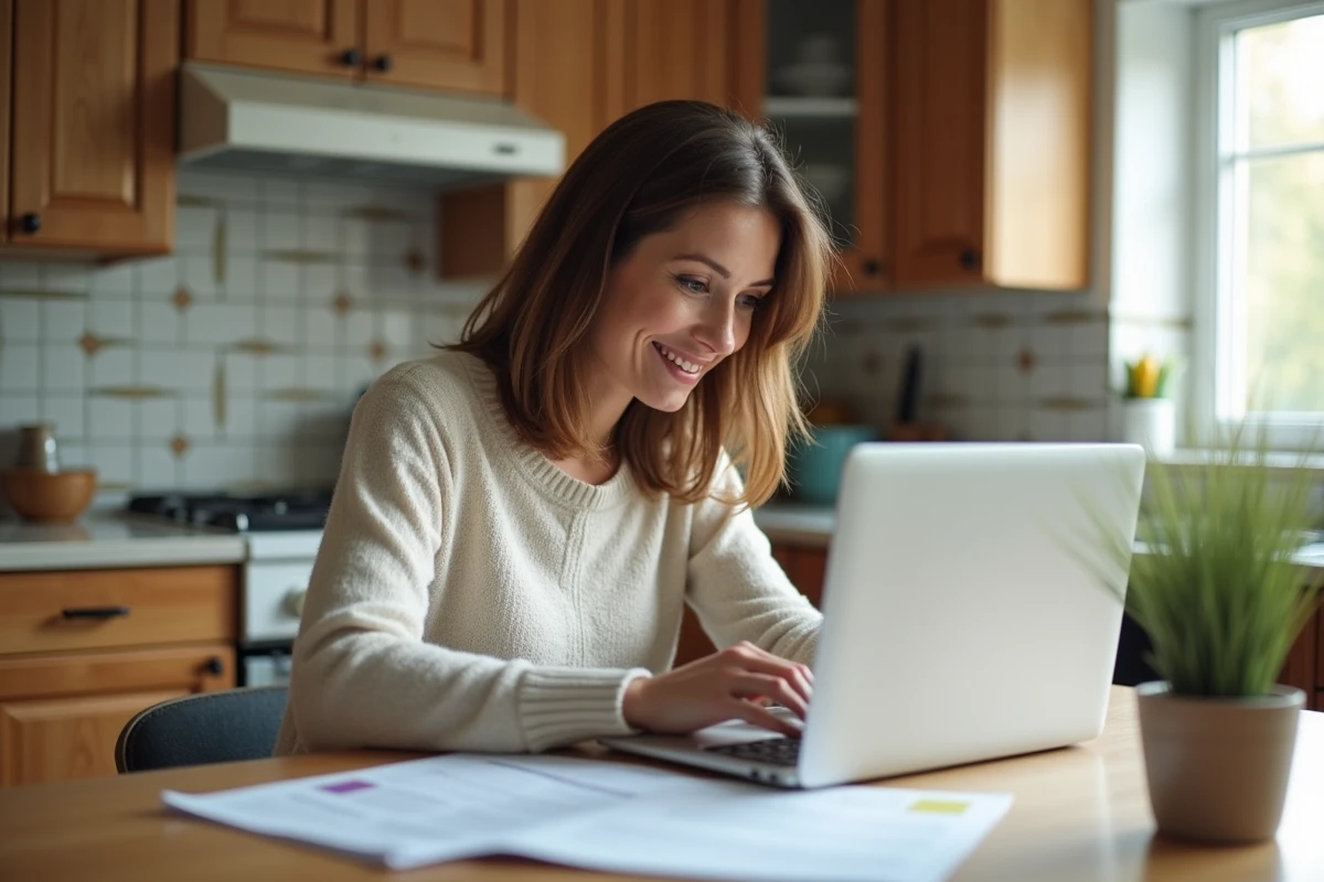 Femme vérifiant des documents et son ordinateur dans la cuisine